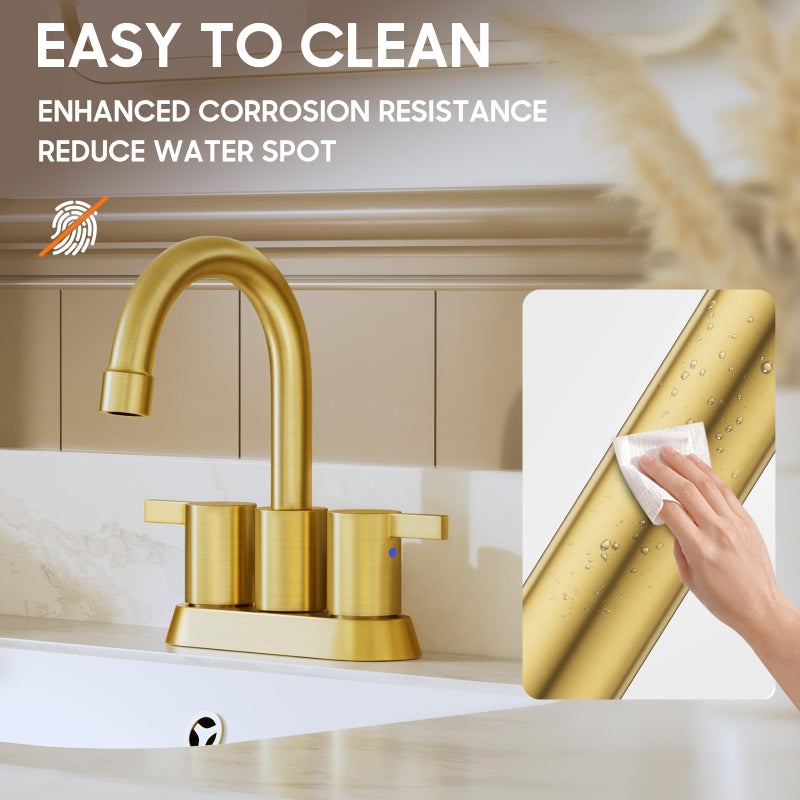 phiestina Brushed Gold 4 Inch 2 Handle Centerset Lead-Free Bathroom Faucet, Swivel Spout with Copper Pop Up Drain and 2 Water Supply Lines, BF015-1-BG - Image 5